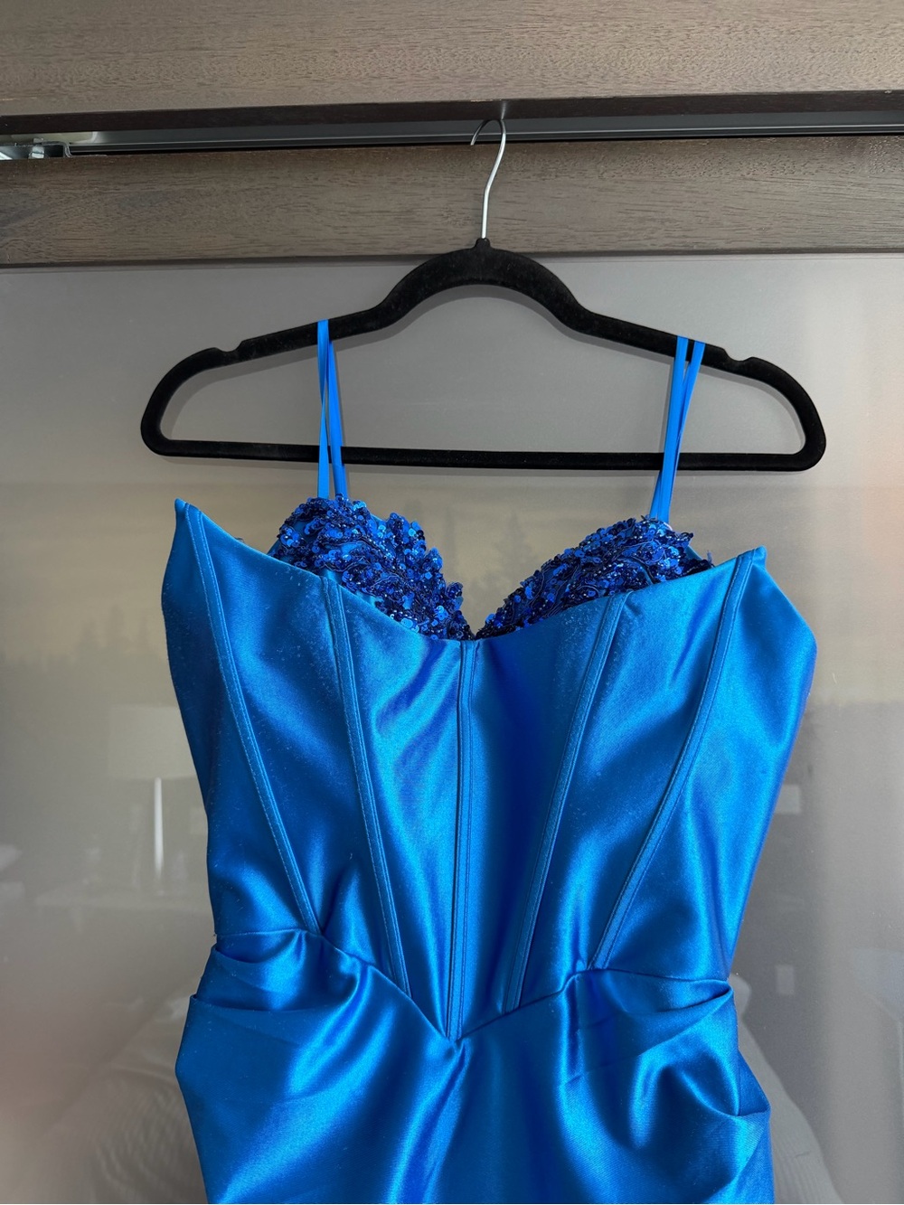 Elegant Blue Beaded Maxi Dress with Sweetheart Neckline